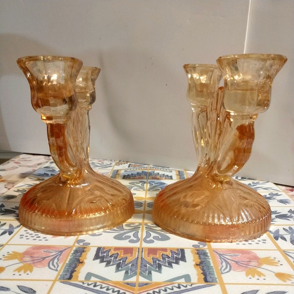 Vtg Depression Carnival Glass Iris Flowers Orange Marigold Candle Holders - Picture 4 of 11